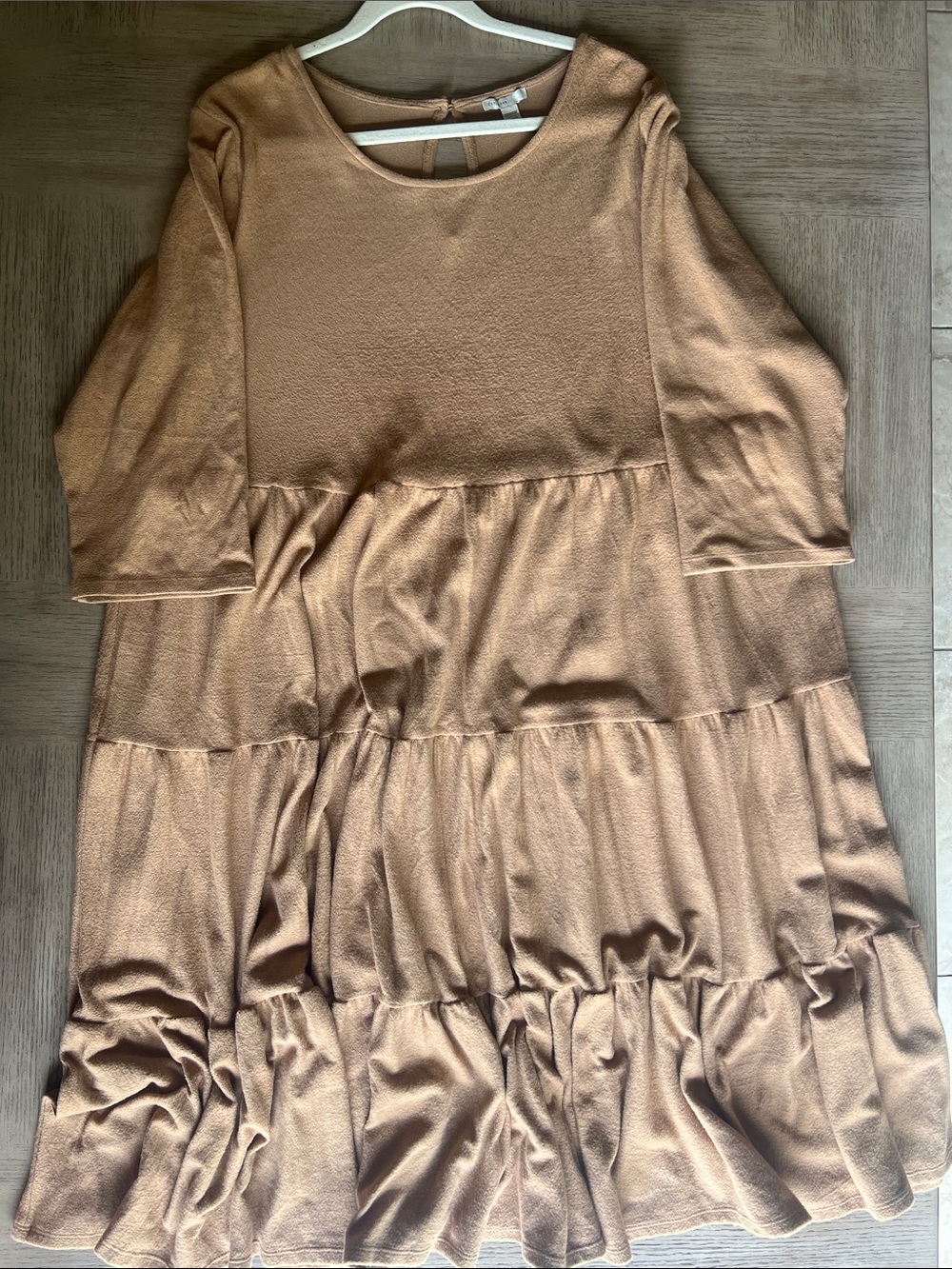Woman’s Suede like soft Tiered Long Sleeve Dress in Camel